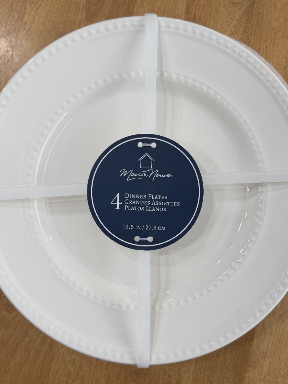 Maison Neuve Ceramic Dinner Plate White Bead and Band Rim 10.8" Set of 4 NIP